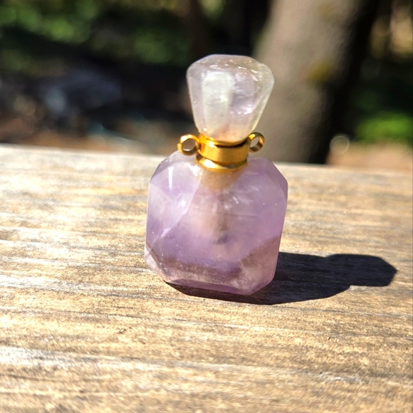 Natural Edge Kharma Collection by Jewelry - Amethyst Square Crystal Gemstone Bottle Pendant Essential Oil Aroma Therapy